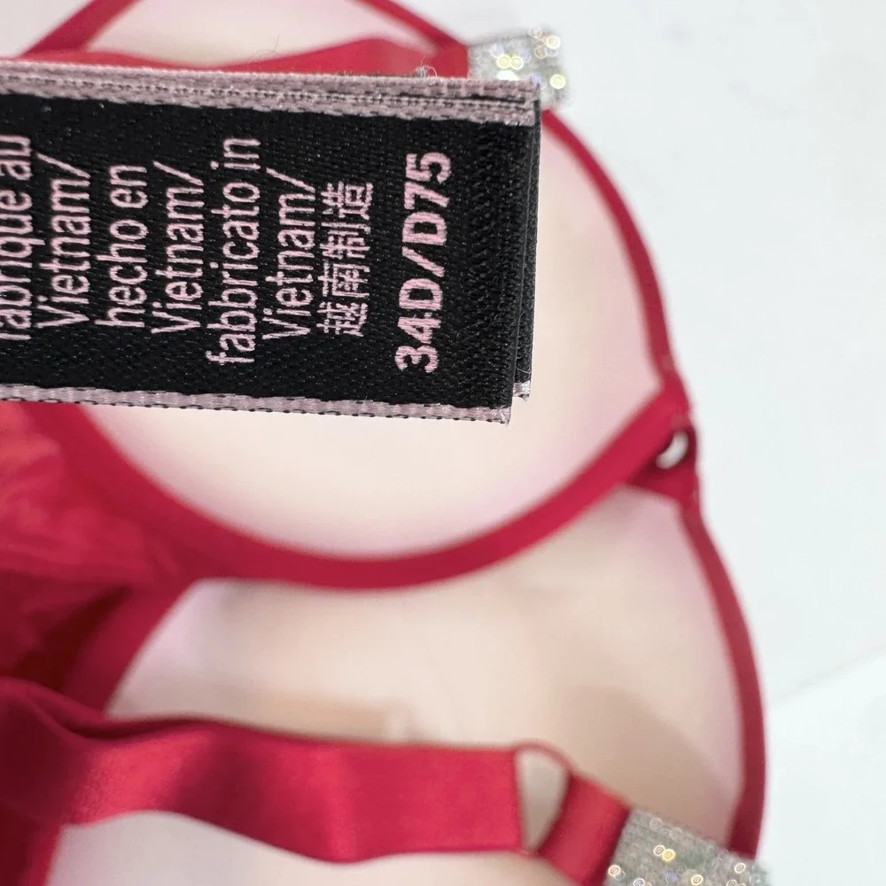 Victoria's Secret Bra Womens 34D Red Very Sexy Push Up Rhinestone Logo Straps‎